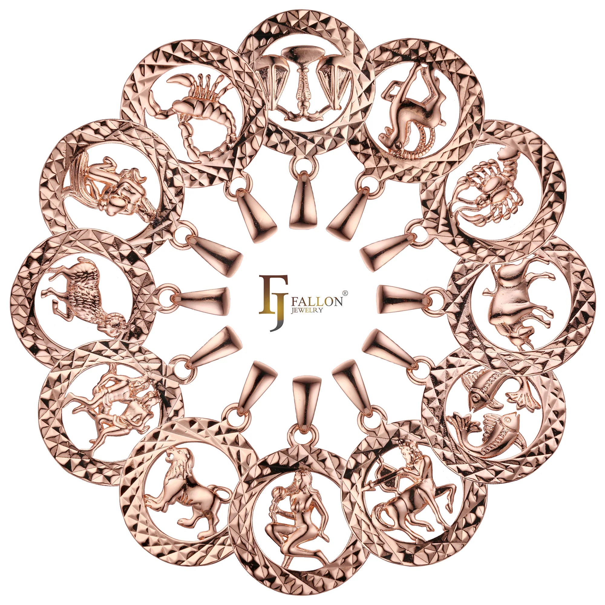 FJ Fallon Fashion Jewelry Pendant Zodiac Double Rhombus Circle of Zodiac Plated in Rose Gold