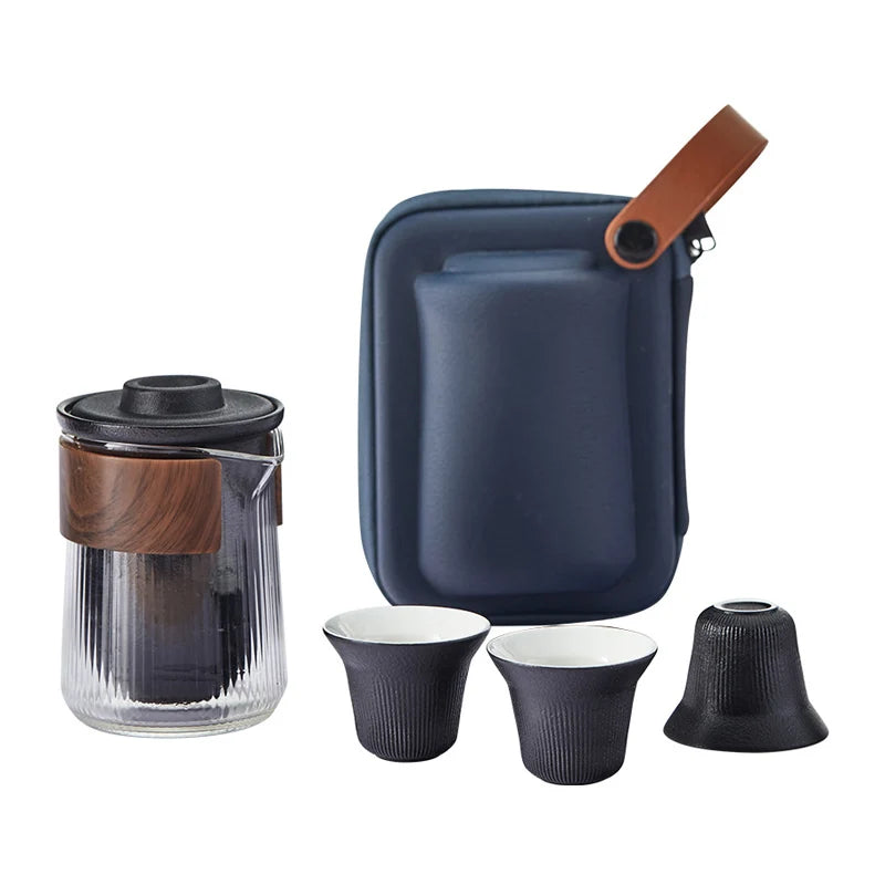 Travel Car Kungfu Tea Set Outdoor Glass Tea Pot With Ceramic Infuser and Wooden Handle Portable Drinking Cup Set Business Gift