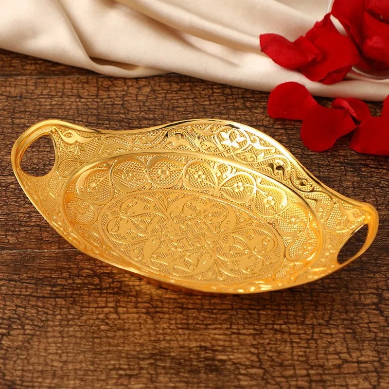 QIAN HU Light Luxury New Dish Gold Eco-Friendly Round Iron Decor Serving Tray with Handle for Dry Fruit Snack