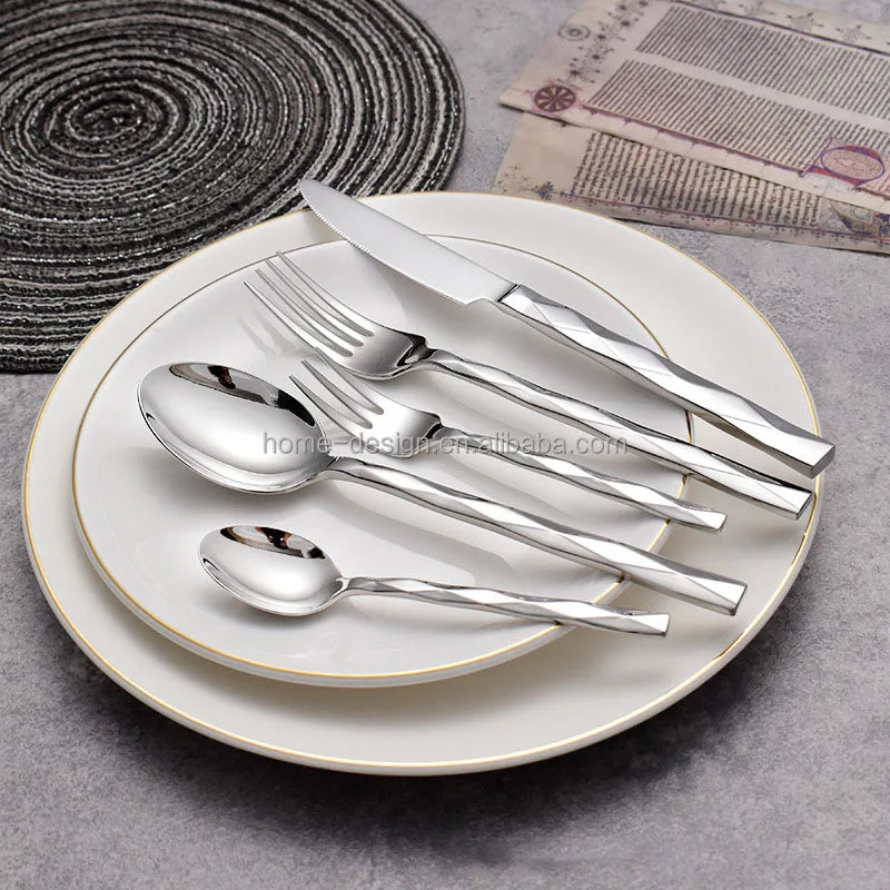 Luxury Design Square Handle Stainless Steel Silver Mirror Polish Wedding Cutlery Set with Knife Fork Spoon