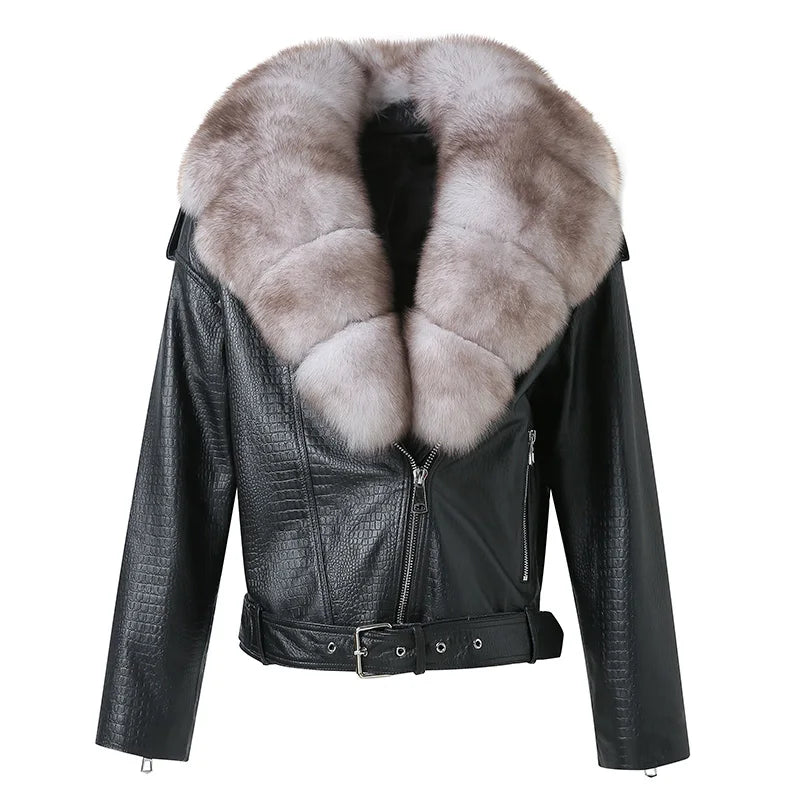 New Coming Big Fox Fur Collar Leather Jacket Genuine Sheepskin Fur Leather Jackets Women