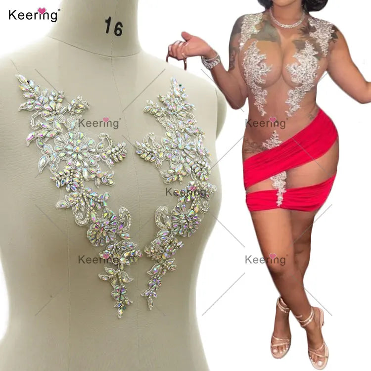 WDP-372  Luxury Silver Green Flower Rhinestones Crystal and Applique for Wedding Dresses Maroon