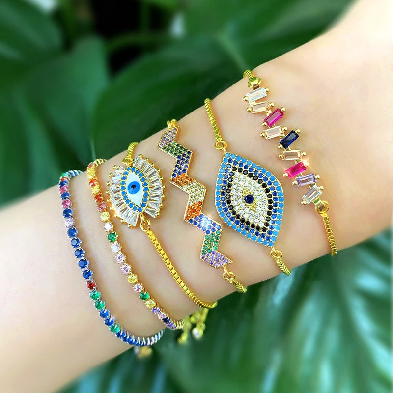 Luxury Non Tarnish 18K Real Gold Plated Stainless Steel Tennis Chain Rainbow Colorful Cubic Zircon Bracelet Jewelry for Woman