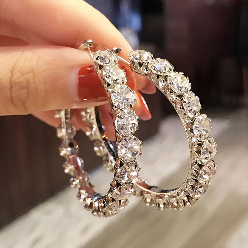 CAOSHI Luxury Female Silver Gold Rose Gold Plated Crystal Ladies Earrings Women Bridal Diamond Zircon Big Large Hoop Earrings