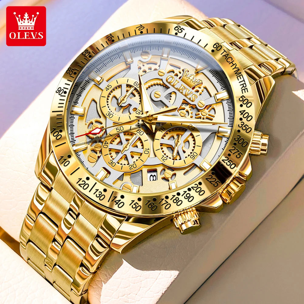 OLEVS 9913 Oem Custom logo Stainless Steel Hollow Flywheel Design Gold Classical Waterproof Luminous Quartz Watch for Man MegaBDM