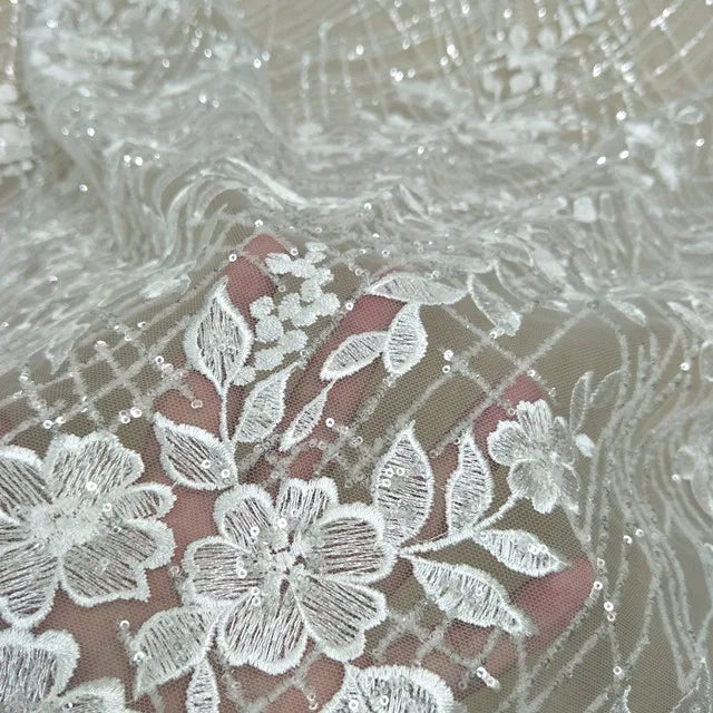 Top Quality Classic Embroidered Flower Pattern With Glitter Sequin French Mesh Lace Fabric for Wedding