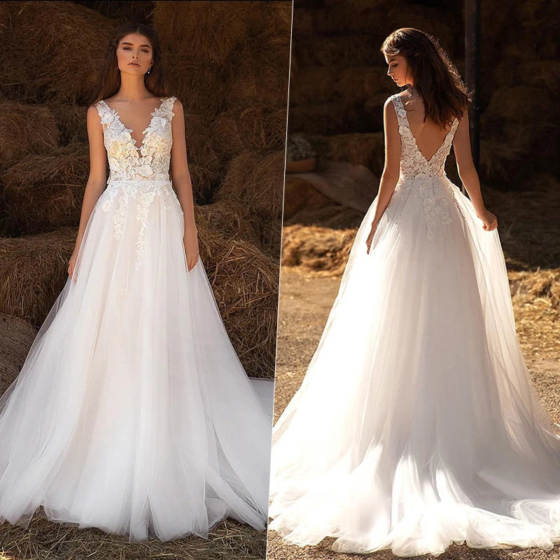 13698#Sleeveless Vestido De Novia Outdoor Open Back Tulle Beach Ruched Lace Applique Boho Sweep Train Wedding Dress Bride Gown