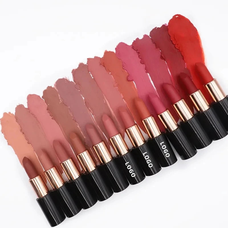 Private Label 24-Color Vegan Cosmetic Long Lasting Waterproof Matte Lipstick High Pigment With Vitamin E Printed Makeup for Lips