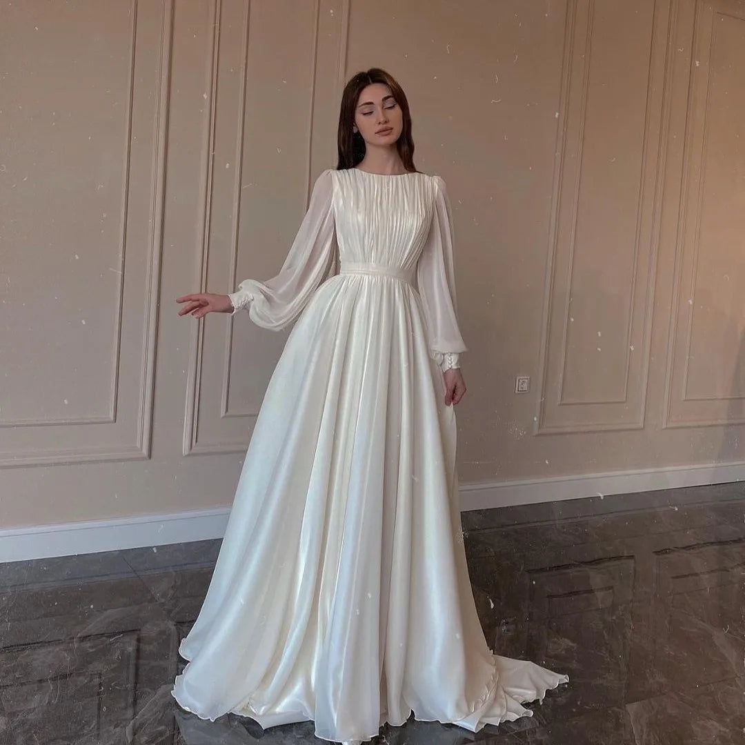 Women a Line Wedding Guest Ruched Prom Dress Long Sleeves Evening Dresses Chiffon Mother of the Bride Dress MegaBDM