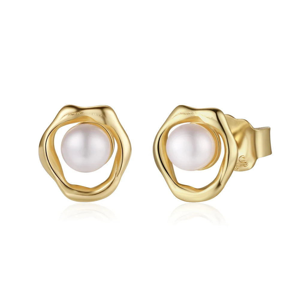 GPE74 New Arrival 925 Silver 14K Gold Plated Cultured Freshwater Pearl Stud Irregular Circle Pearl Earrings for Women