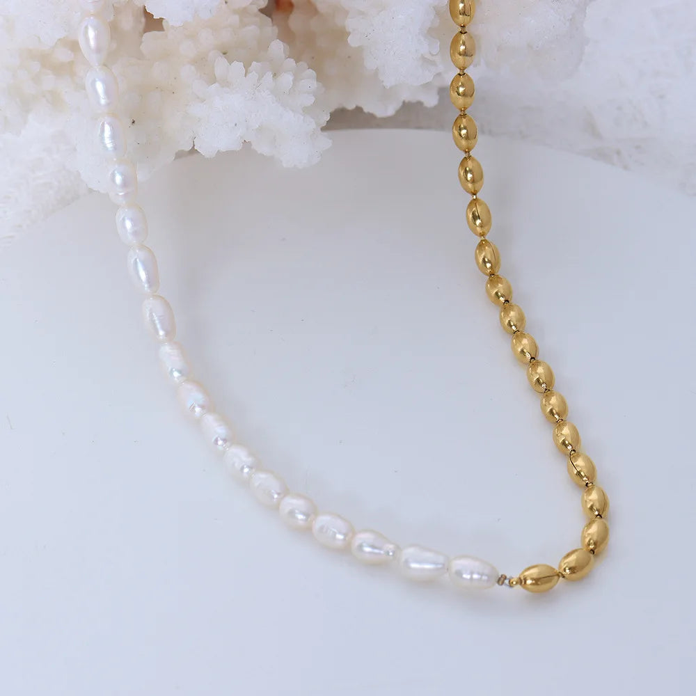 Dropshipping Good Quality Luxury Women Bead Necklace Stainless Steel Chunky Pearl Necklace Collar De Acero Inoxidable
