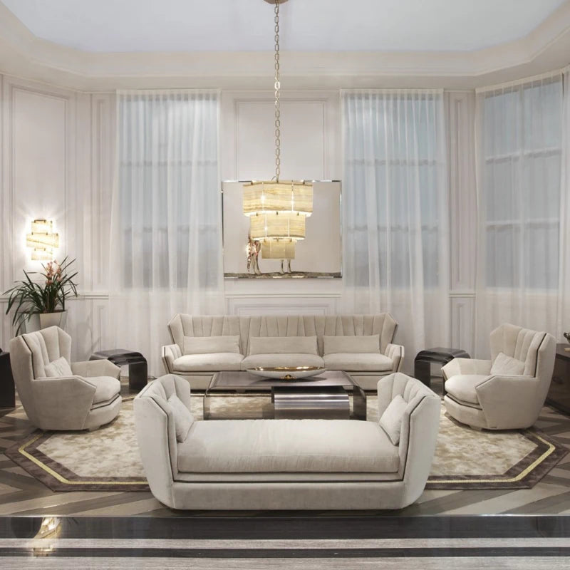 Italian Luxury Design Cream Leather Sofa Set Modern Fabric Sofaset for Luxury Living Room Furniture for Villas