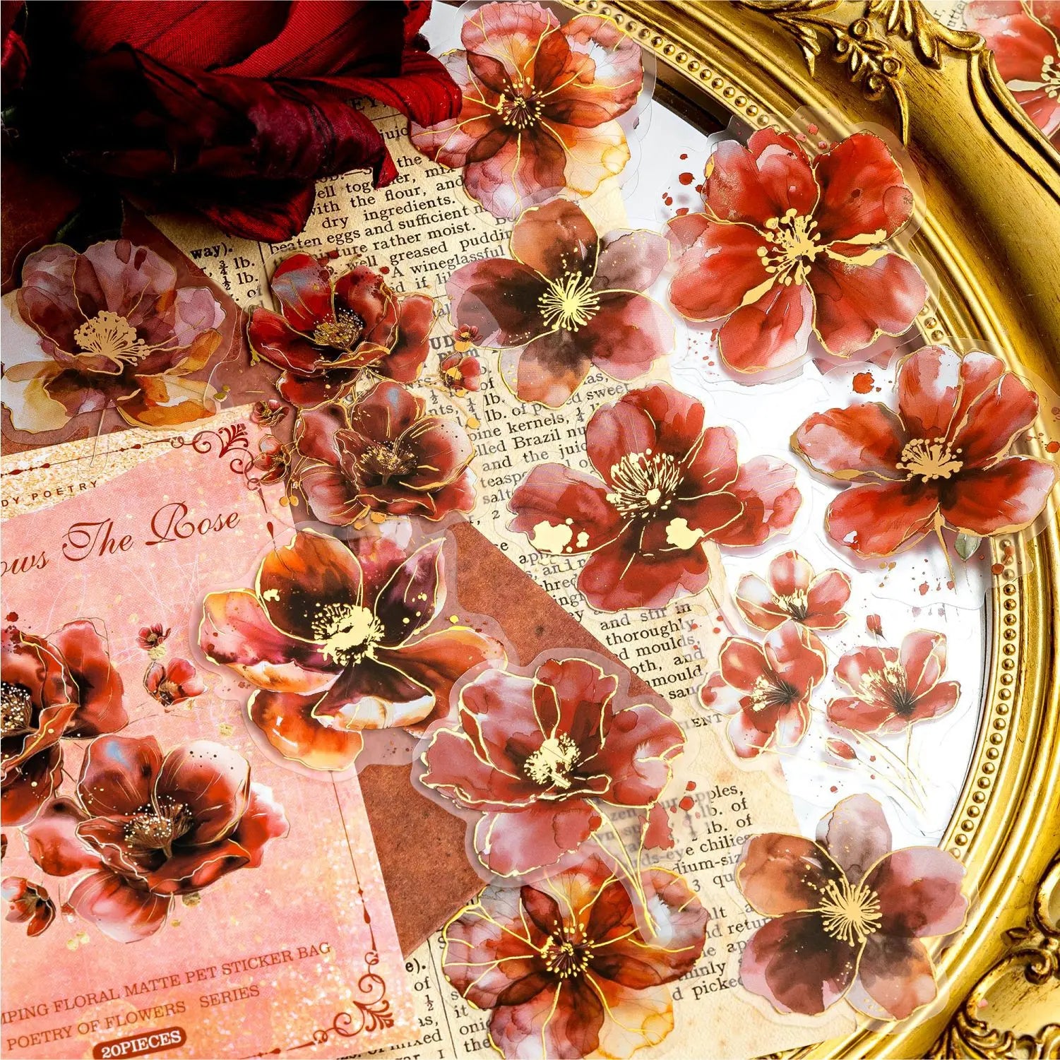 20 Sheets/pack PET Sticker Pack 6 Options of Decorative Materials for the Flower Poetry Series Matte Hot Stamping Account