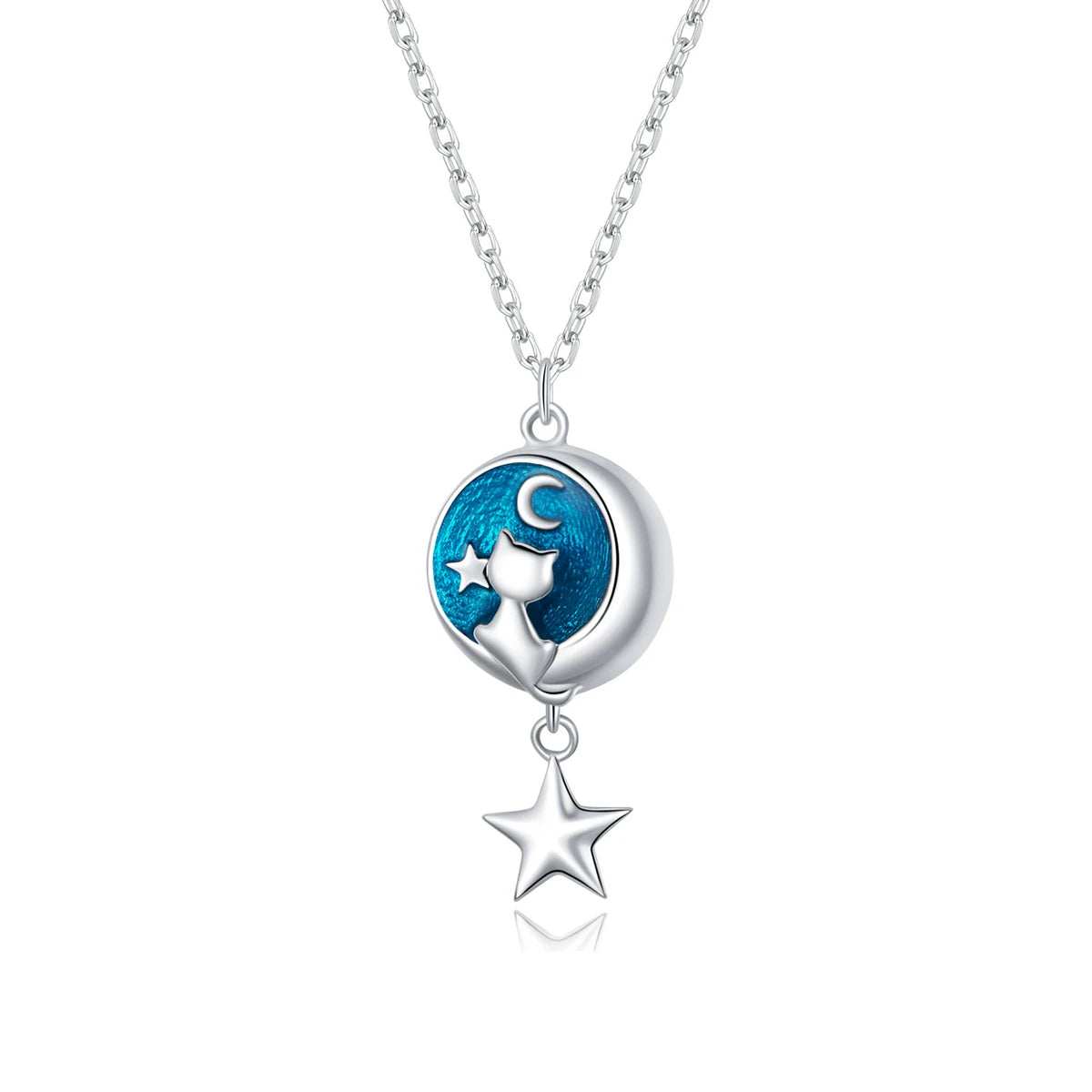 925 Sterling Silver Geometric Moon & Cat Pendant Necklace for Women Lover Couple Jewelry Necklace Wedding Gift SCN422