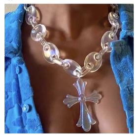 Hip Hop Personalized Punk Jesus Laser UV Cool Boy Teen Pig Nose Acrylic clear Cross Chunky Choker Necklace Women Jewelry Men