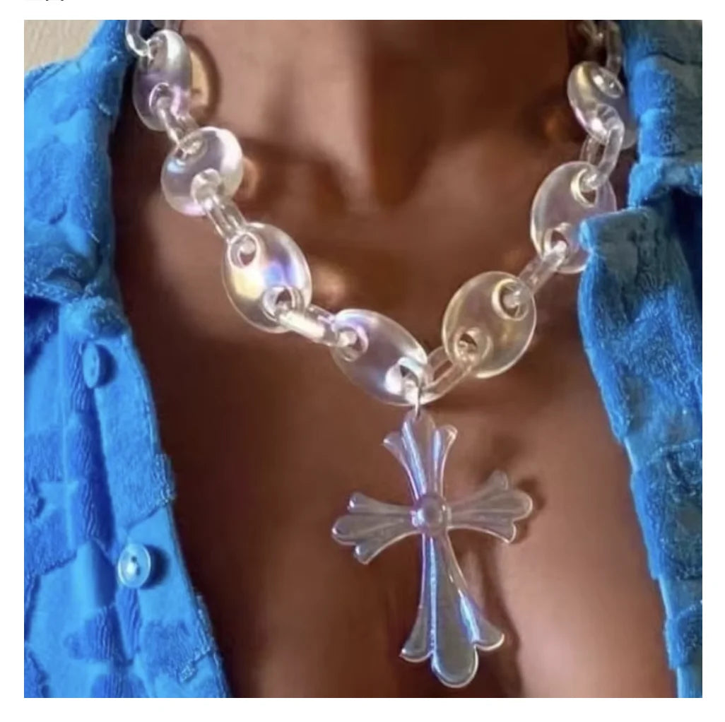 Hip Hop Personalized Punk Jesus Laser UV Cool Boy Teen Pig Nose Acrylic clear Cross Chunky Choker Necklace Women Jewelry Men