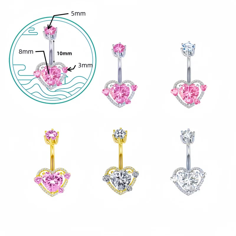 Wholesale Stainless Steel Bar Pink Heart Shaped Zircon Belly Button Ring Navel Ring Body Jewelry