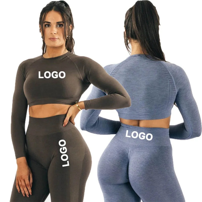 Wholesale Custom Women 3 Pieces Fitness Sets Gym Legging Seamless Fitness Long Sleeve Crop Top Yoga Suit Sportswear