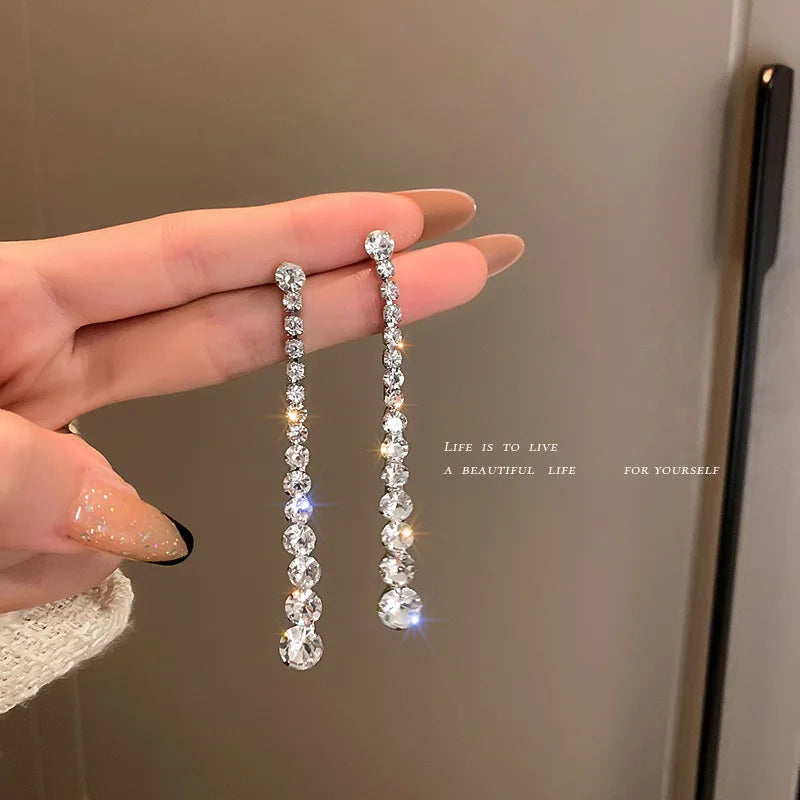 Tennis Style Tassel Drop Dangle Earrings Women Pendientes De Cristal Bling Rhinestone Crystal Long Drop Earrings