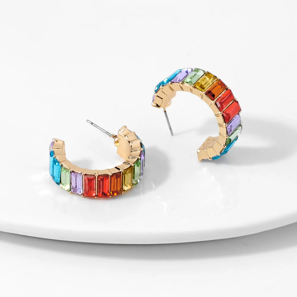 Fashion C Shaped Colorful Glass Crystal Rainbow Rhinestone Stud Earring Jewelry for Women