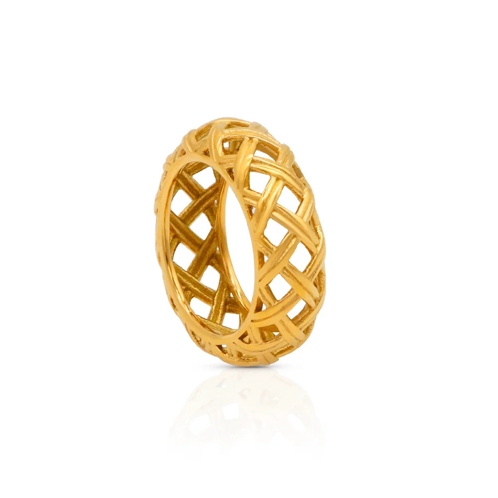 Chris April Fashion Jewelry PVD Gold Plated 316L Stainless Steel Hollow Out Weave Band Ring for Women
