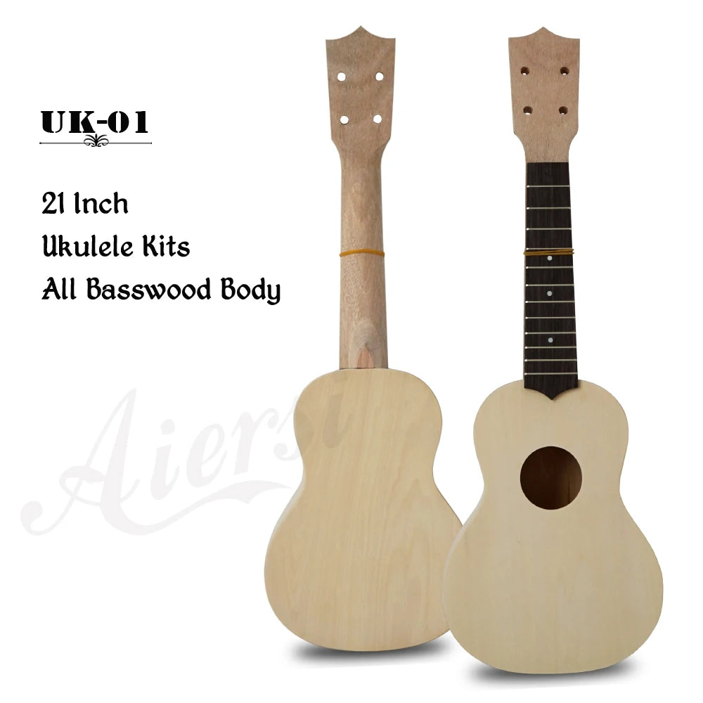 Aiersi Brand Factory DIY Basswood soprano Ukulele Guitar Kit Ukelele Custom logo Brand No Finished Painting Large Stock OEM ODM