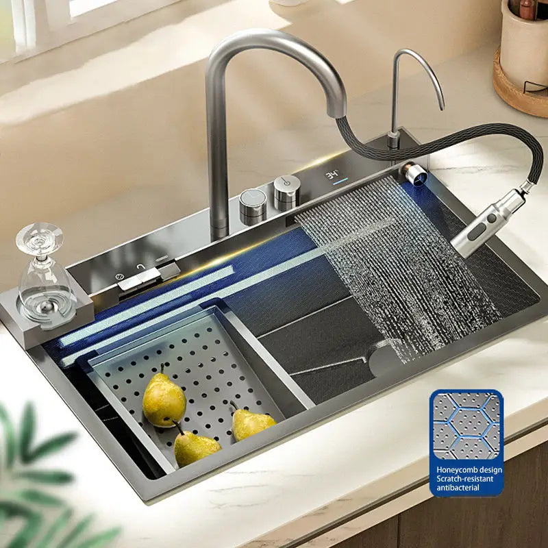 TikTok Trend Integrated Digital Display 30 Inch Multi-functional Piano Key Rainfall Fregadero De Cocina With Automatic Cupwasher