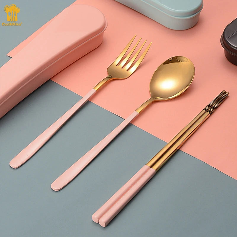 Portable Stainless Steel Flatware Set Eco-Friendly Korean Style 3-Piece Cutlery with Travel Case-for Back to School