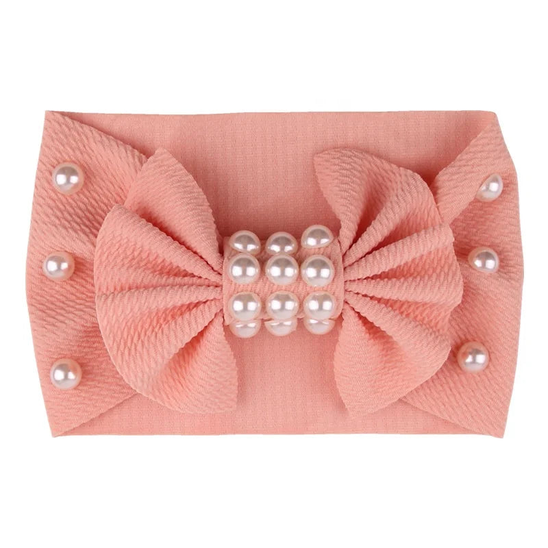 Ziming Customized Pearl Beads New Born Fabric Hairband 5 Inches Bow Kids Elastic Hairband Waffle Color Children Bow Headband
