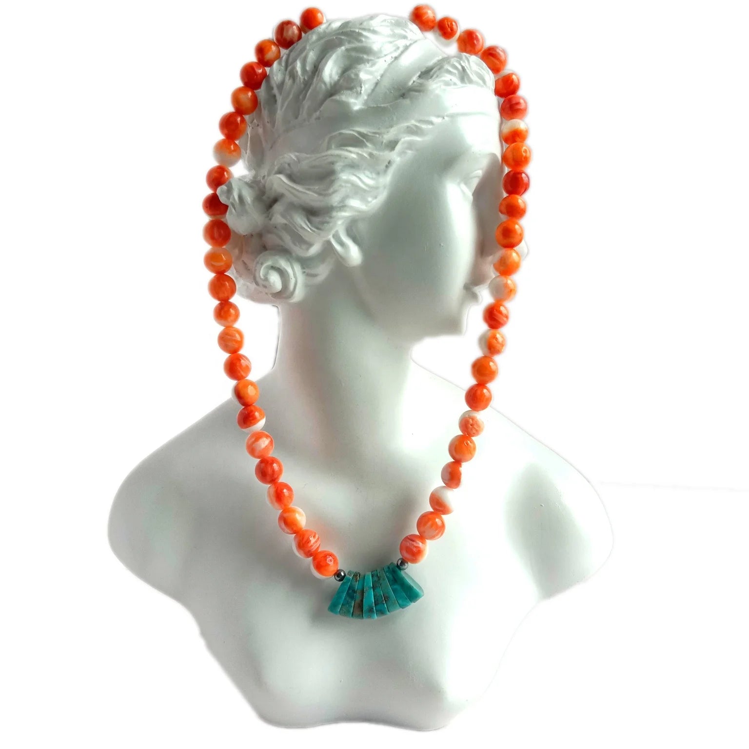 Natural Turquoise and spiny oyster round beads 925 Sterling Silver Necklace