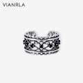 VIANRLA 925 Sterling Silver Black Zircon Hollow Open Ring Vintage Lace Adjustable Ring Women Jewelry Drop Shipping