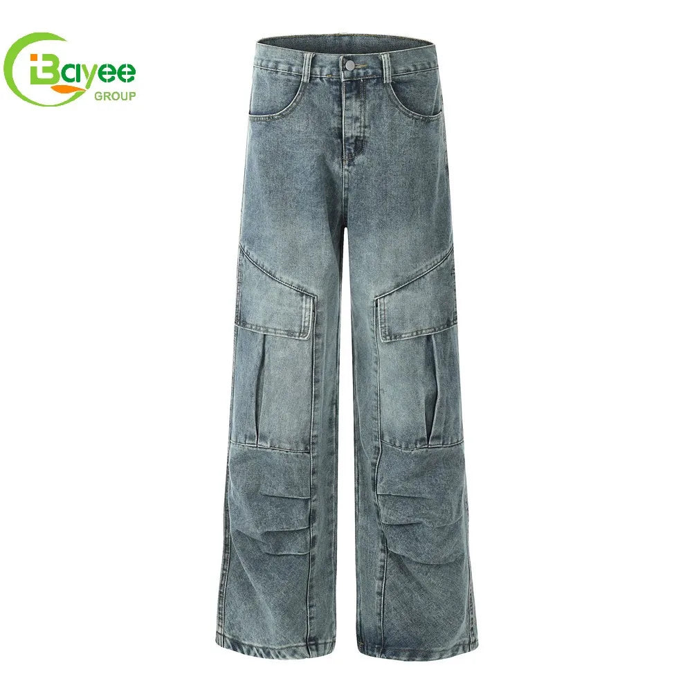 Custom Patchwork Baggy Vintage Wide Leg Denim Jeans Manufacturer Odm Unisex Fashion Straight Fit Cargo Jeans Men