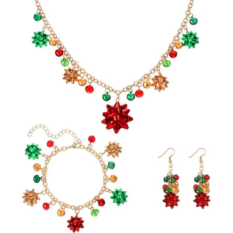 New Christmas Set Present Bow Pendant Necklace Earring Bracelet Flower Colorful Bell Christmas Jewelry for Women Girls