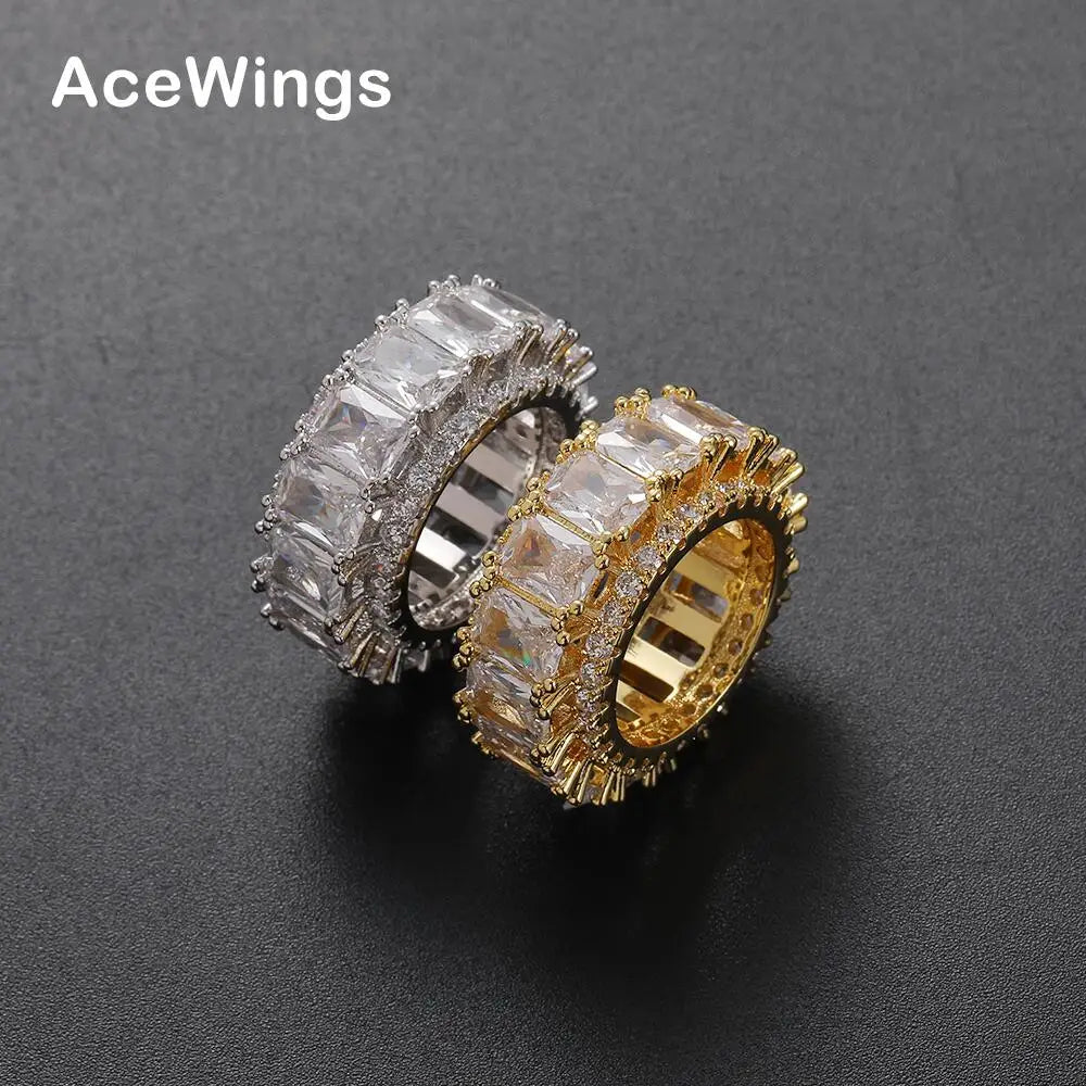 R052  12mm  Brass Cubic Zircon Rings for Men  Iced Hip Hop Jewelry Party Gift