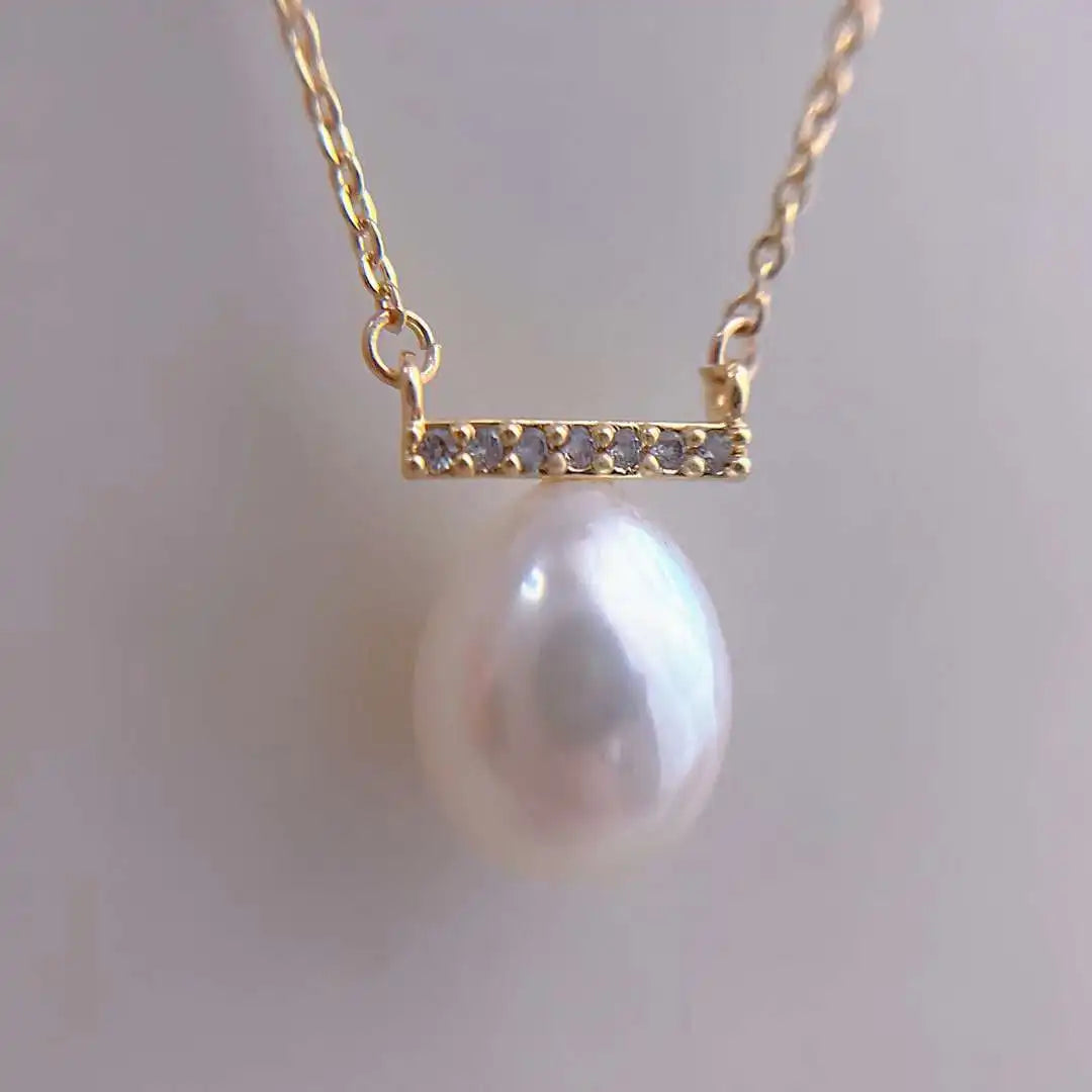 9-10MM Natural Semi-Porous Freshwater Rice Pearl Pendant Collar De Perlas Balance Beam Zircon Necklace