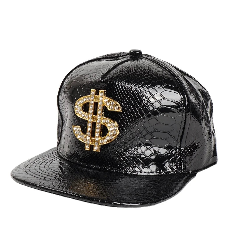 Hip Hop Flat-Brimmed HatRock CapAdjustable Snapback Hat for Men and Women Pu Leather Trucker US Dollar Money Hats