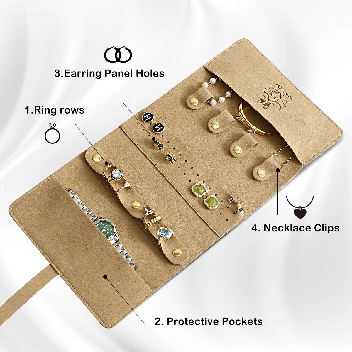 PUPPYSEW 18*38cm1.4MM  MicrofiberJewelry Organizer Handmade Jewelry Bag  Travel Organizer for WatchRingEarringsBracelet