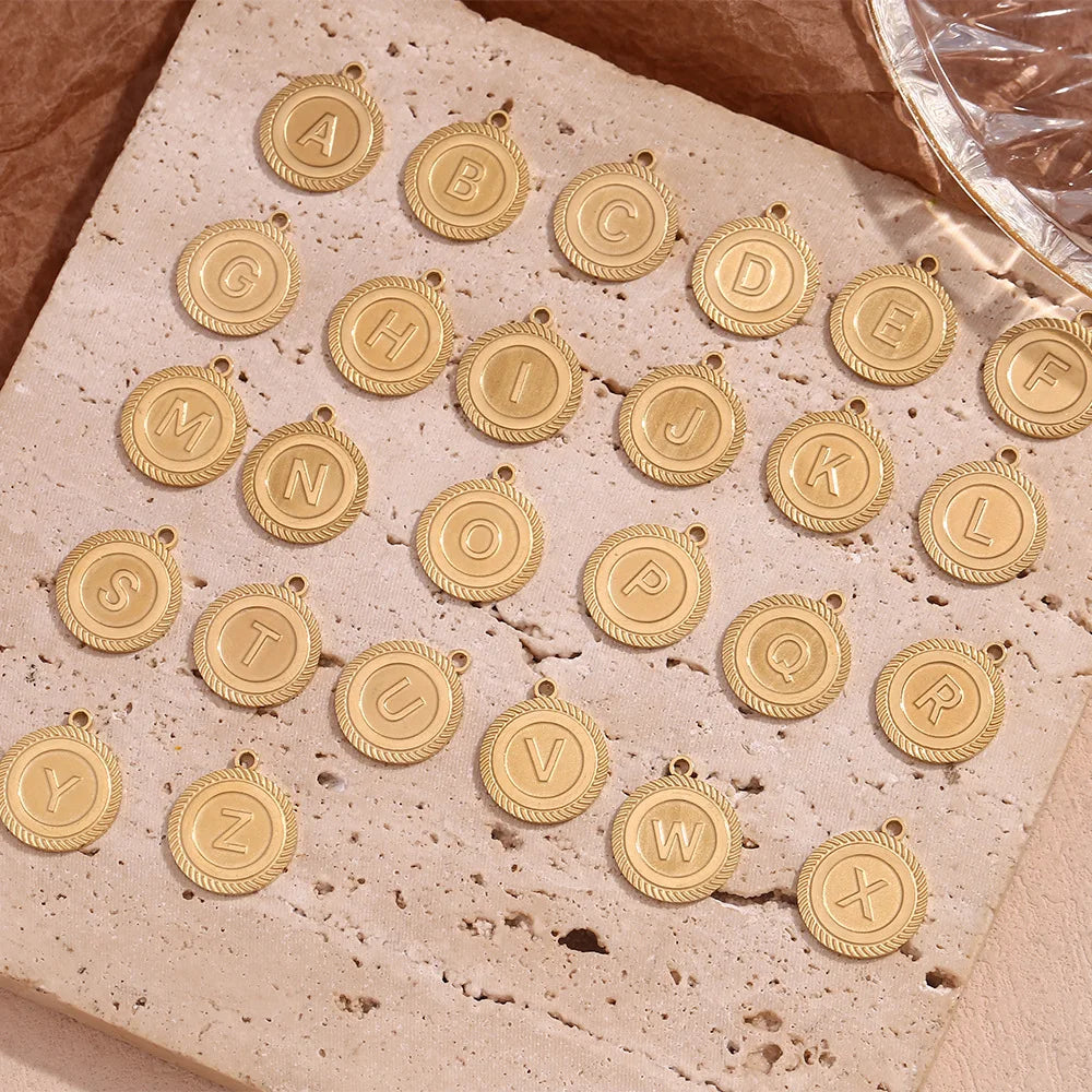 18K Gold Plated Round Stripe A-z Letter Diy Stainless Steel Charms Pendant Accessories For Jewelry Making