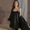 New Plus-size Pajamas Simple Feather  Nightdress Lace-up Robe Patchwork slip Gown Pajamas Dress Set
