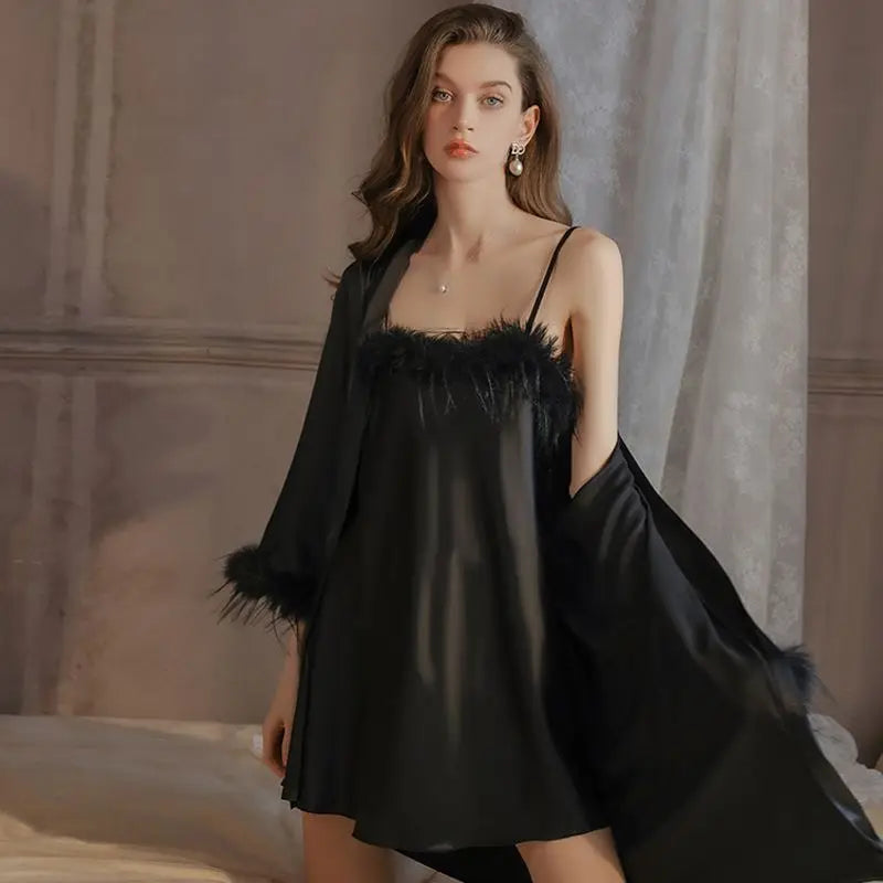 New Plus-size Pajamas Simple Feather  Nightdress Lace-up Robe Patchwork slip Gown Pajamas Dress Set
