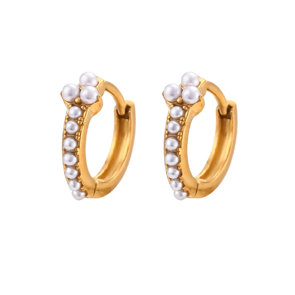 18K Gold Plated Pearl Zircon Trendy Clover Hoop Earrings Waterproof Stainless Steel for Party Occasions