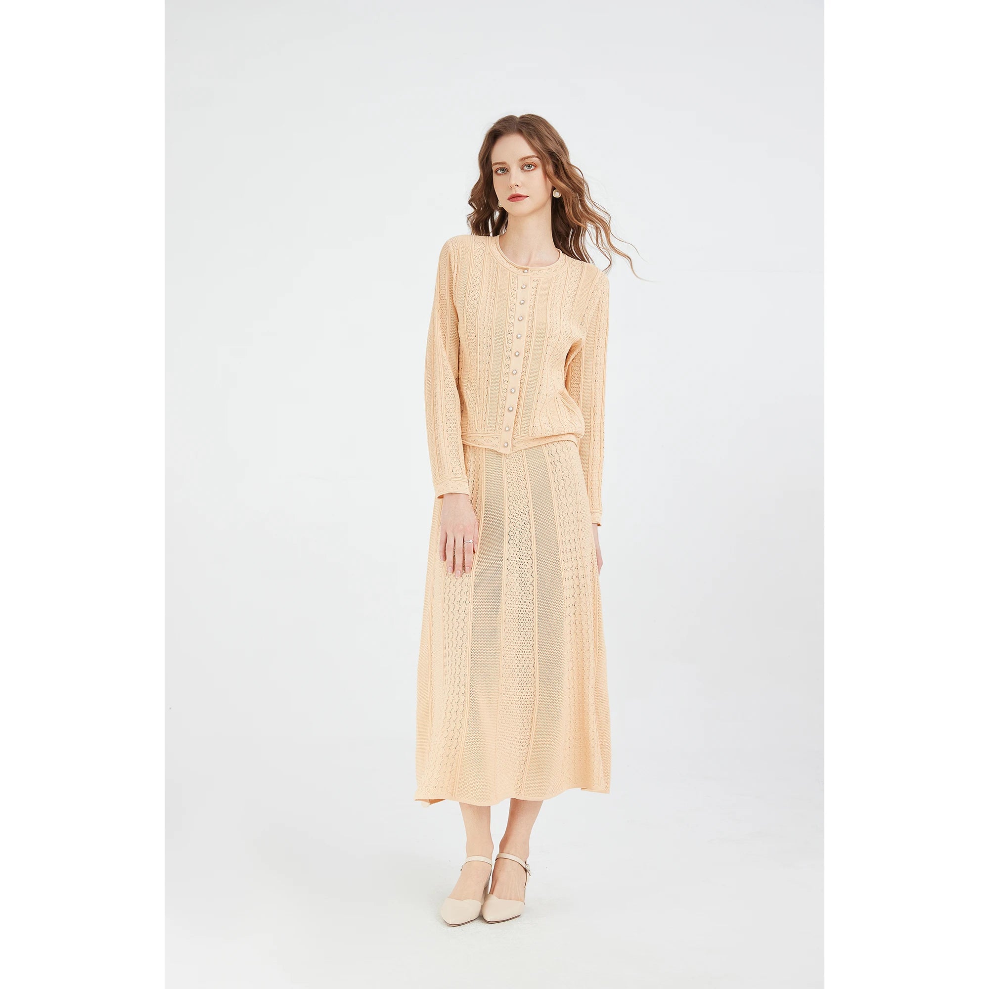 Custom OEM Women's French Vintage Style Knitted Skirt Set Long Sleeve Hollow-Out Cardigan and Skirt Co-ord Set for Ladies