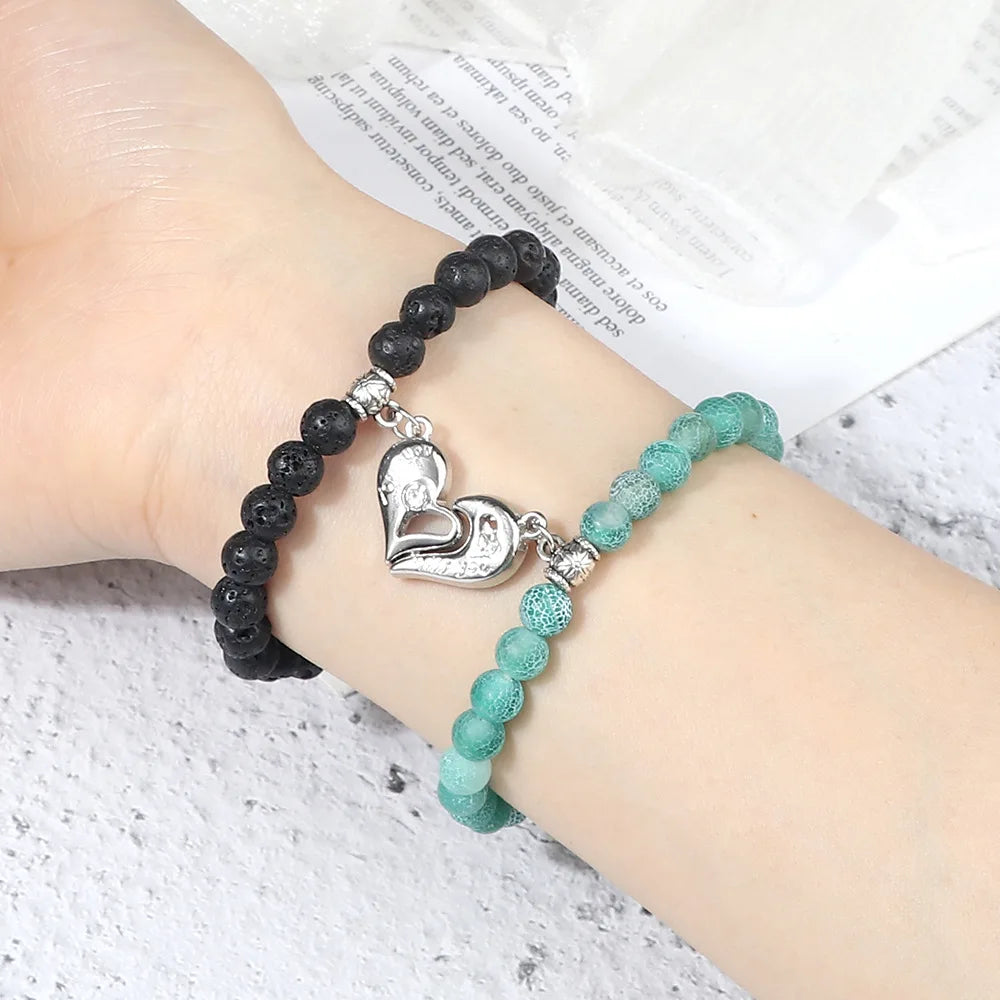 Beaded Couple Bracelet for Lover 2pcs/set Natural Stone Beads Magnetic Puzzle Heart Bracelet Distance Magnet Couple Bracelet