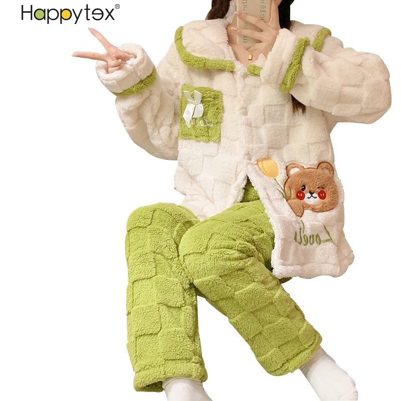 Luxury Fashion Thick Soft Cute Cartoon Plush Flannel Cardigan Long Sleeve Button Down 2 PCS Winter Pajamas for Ladies Home