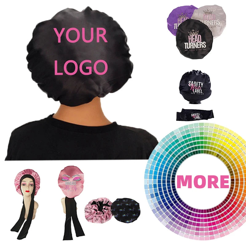 New Large Satin Silk Braid Bonnet High Elastic nightcap Pure Color Women Sleepcap Hair Bonnet Adjustable Hair Wrap Custom logo