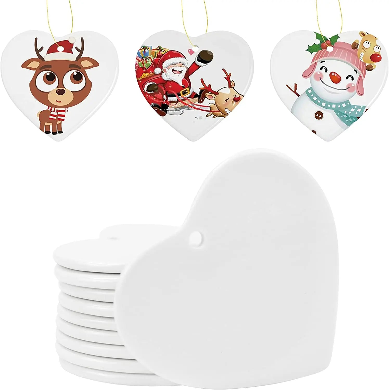 Sublimated Blank Ceramic Decoration 2.9 "white Heart with Gold Strings for Christmas Tree Decoration Ceramic Hearts Pendants