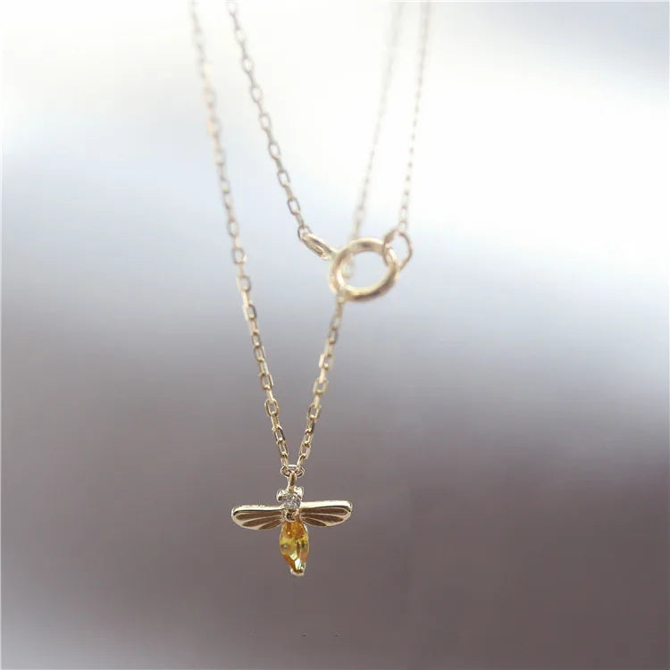 Cute Creative Fancy Pure 925 Sterling Silver Yellow Zircon Small Insect Bee Shaped Pendant Necklace for Women Girls