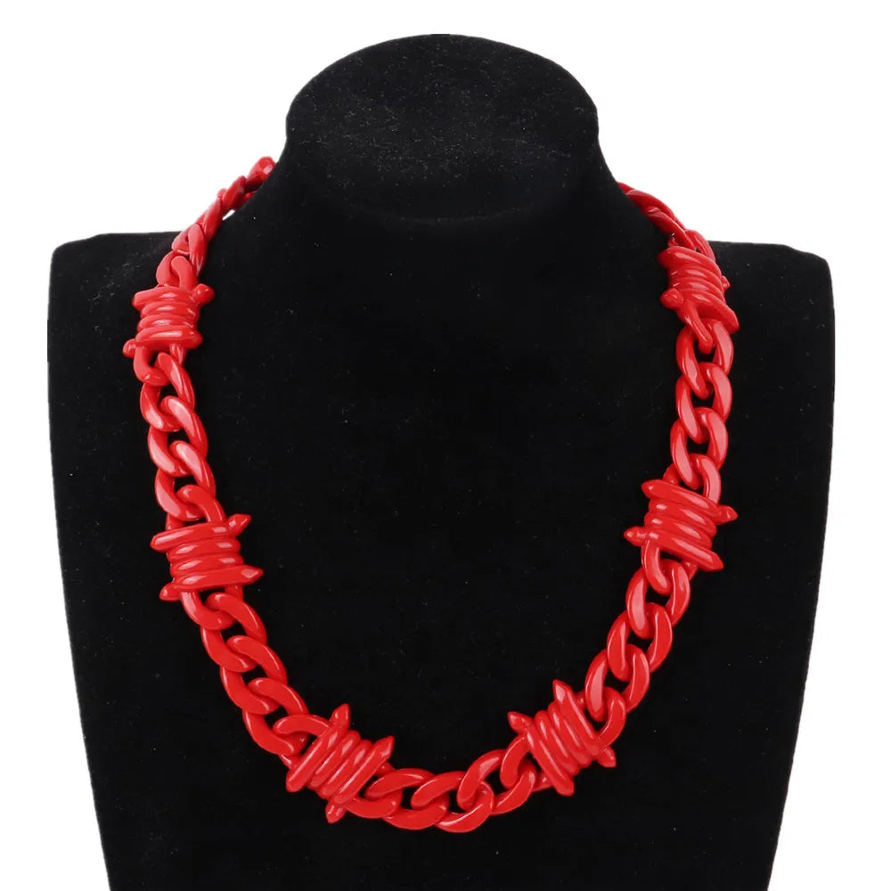 Fashion Red Acrylic Link Barbed Brambles Rivets Wire Necklace Rock Punk Thorns Spike Choker Necklace for Man Women