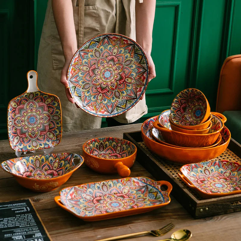 Bohemia Advanced Bowl Dish Set Vintage Underglaze Colored Large Capacity Household Ceramic Tableware Set