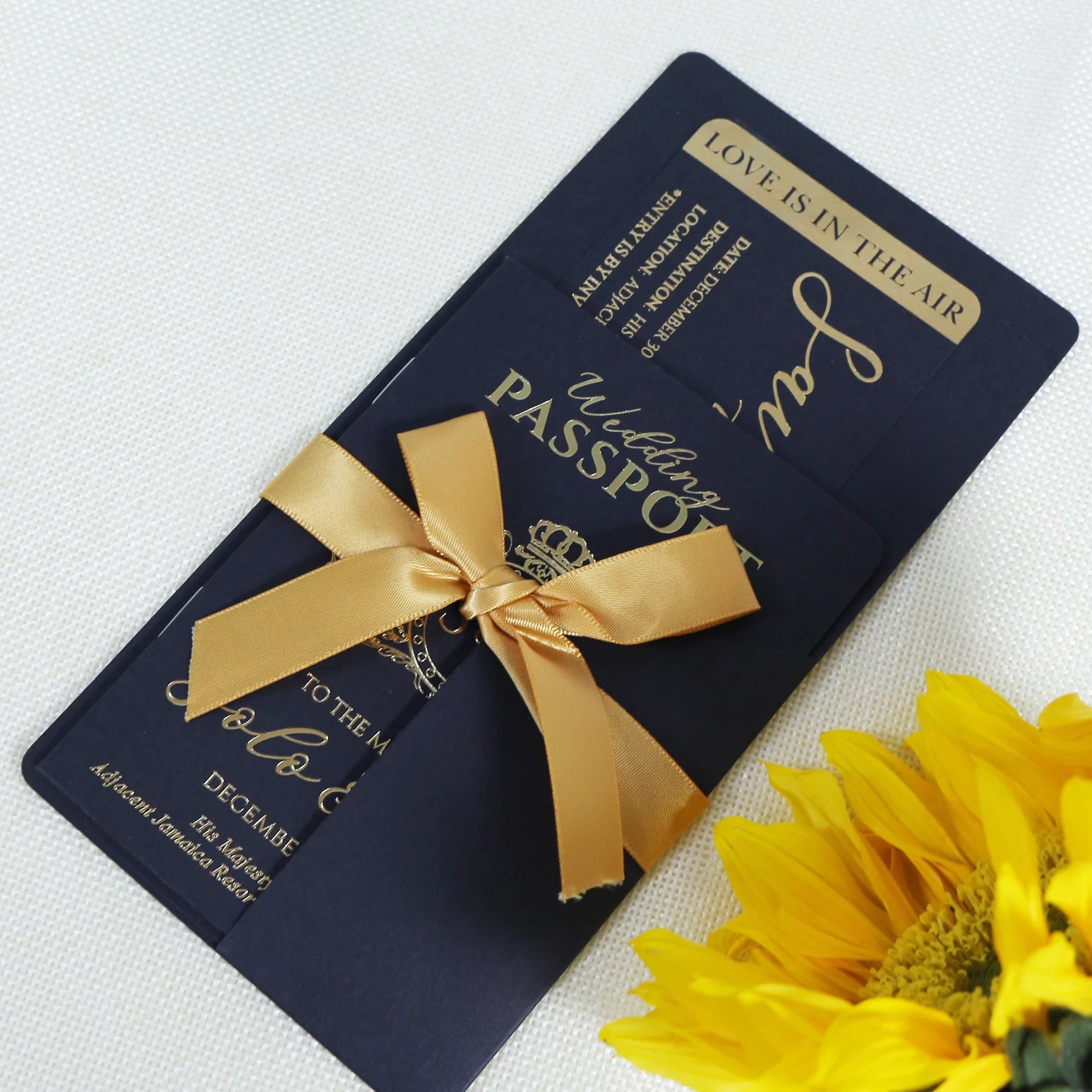 Black and Gold Color Passport Wedding Invitation Programme with Boarding Pass and the Ribbon